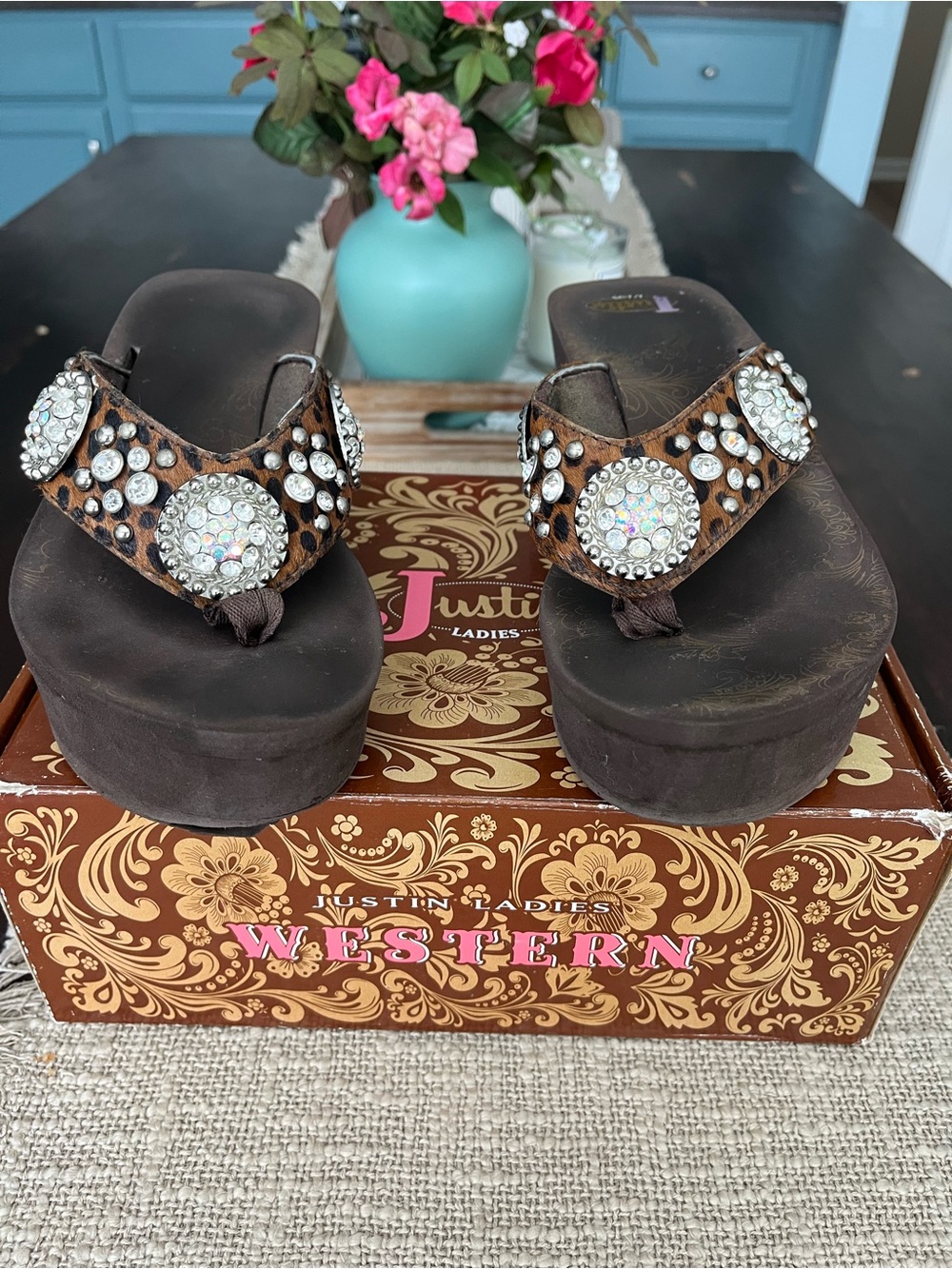 Brown Leopard Platform flip flops with Crystal Medallions